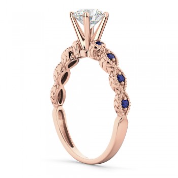 Vintage Lab Grown Diamond & Blue Sapphire Engagement Ring 18k Rose Gold 0.50ct