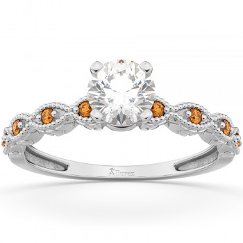 Vintage Diamond & Citrine Engagement Ring 18k White Gold 0.50ct