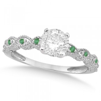 Vintage Diamond & Emerald Engagement Ring 18k White Gold 0.50ct