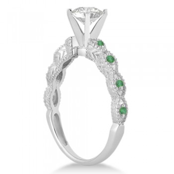Vintage Lab Grown Diamond & Emerald Engagement Ring 14k White Gold 0.50ct