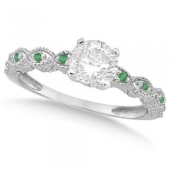 Vintage Lab Grown Diamond & Emerald Engagement Ring 14k White Gold 1.50ct