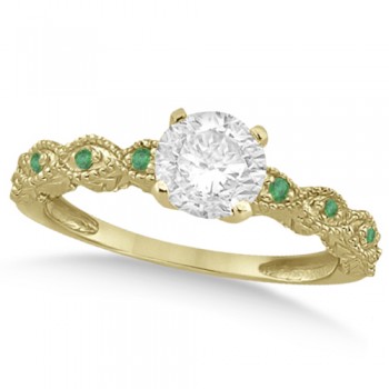 Vintage Lab Grown Diamond & Emerald Engagement Ring 14k Yellow Gold 0.50ct