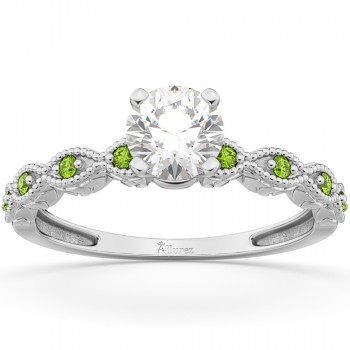 Vintage Diamond & Peridot Engagement Ring 14k White Gold 0.50ct