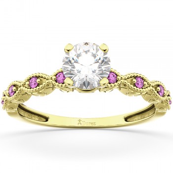 Vintage Lab Grown Diamond & Pink Sapphire Engagement Ring 18k Yellow Gold 0.75ct