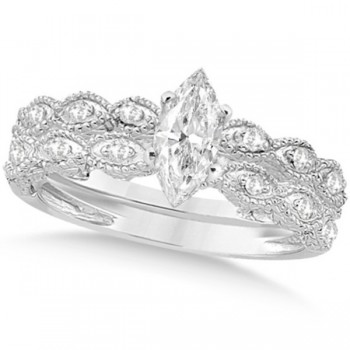 Marquise Antique Style Diamond Bridal Set in 14k White Gold (0.58ct)