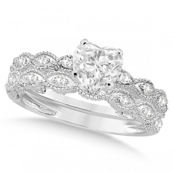 Heart-Cut Antique Style Diamond Bridal Set in 14k White Gold (0.83ct)