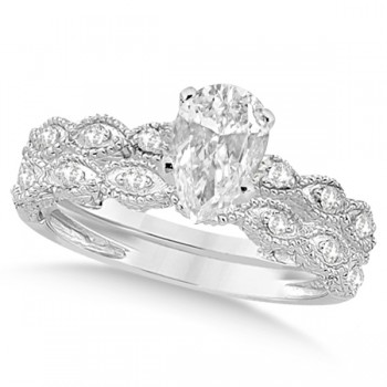 Pear-Cut Antique Style Diamond Bridal Set in 14k White Gold (1.08ct)