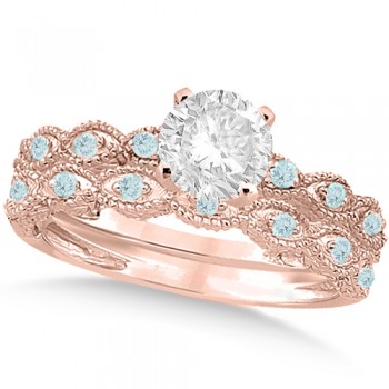 Vintage Diamond & Aquamarine Bridal Set 14k Rose Gold 0.70ct