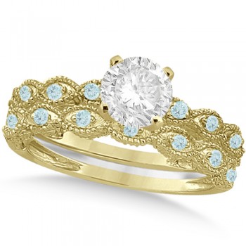 Vintage Lab Grown Diamond & Aquamarine Bridal Set 14k Yellow Gold 0.95ct