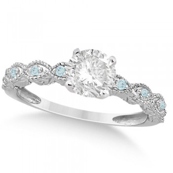 Vintage Lab Grown Diamond & Aquamarine Bridal Set Platinum 0.95ct