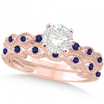 Vintage Diamond & Blue Sapphire Bridal Set 14k Rose Gold 1.20ct
