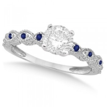 Vintage Diamond & Blue Sapphire Bridal Set 14k White Gold 0.70ct