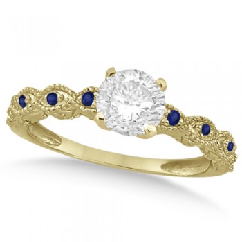 Vintage Diamond & Blue Sapphire Bridal Set 14k Yellow Gold 1.20ct