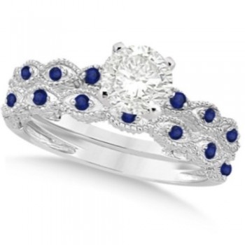Vintage Lab Grown Diamond & Blue Sapphire Bridal Set 14k White Gold 0.70ct
