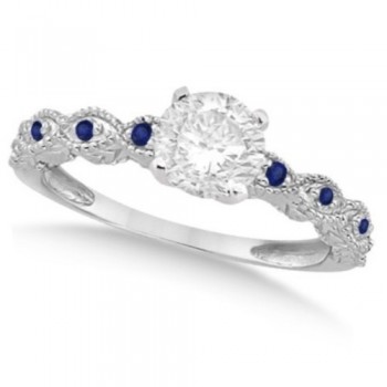 Vintage Lab Grown Diamond & Blue Sapphire Bridal Set 14k White Gold 1.70ct