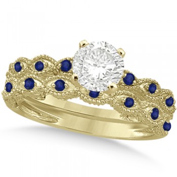 Vintage Lab Grown Diamond & Blue Sapphire Bridal Set 14k Yellow Gold 0.70ct