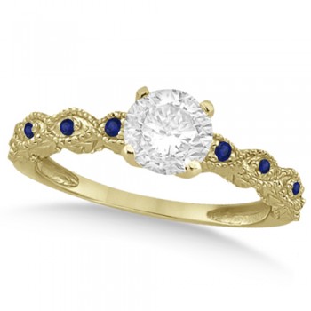 Vintage Lab Grown Diamond & Blue Sapphire Bridal Set 14k Yellow Gold 1.20ct
