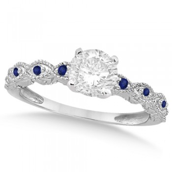 Vintage Lab Grown Diamond & Blue Sapphire Bridal Set 18k White Gold 0.70ct