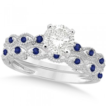 Vintage Lab Grown Diamond & Blue Sapphire Bridal Set 18k White Gold 1.20ct