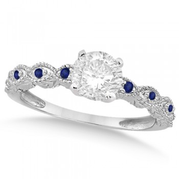 Vintage Lab Grown Diamond & Blue Sapphire Bridal Set Palladium 0.70ct