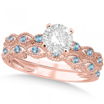 Vintage Diamond & Blue Topaz Bridal Set 14k Rose Gold 0.95ct