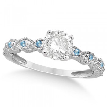 Vintage Diamond & Blue Topaz Bridal Set 14k White Gold 1.70ct