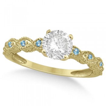 Vintage Diamond & Blue Topaz Bridal Set 14k Yellow Gold 0.95ct