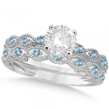 Vintage Lab Grown Diamond & Blue Topaz Bridal Set 14k White Gold 1.20ct