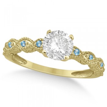 Vintage Lab Grown Diamond & Blue Topaz Bridal Set 14k Yellow Gold 0.95ct
