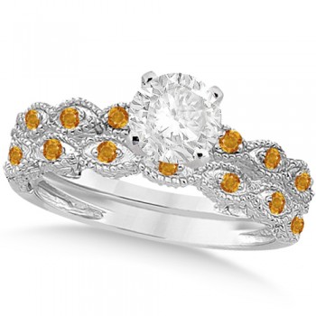 Vintage Diamond & Citrine Bridal Set 14k White Gold 0.70ct