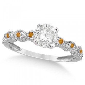 Vintage Diamond & Citrine Bridal Set 14k White Gold 0.70ct