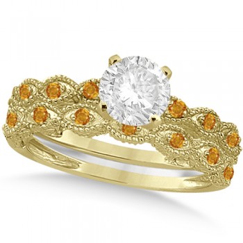 Vintage Lab Grown Diamond & Citrine Bridal Set 14k Yellow Gold 0.95ct