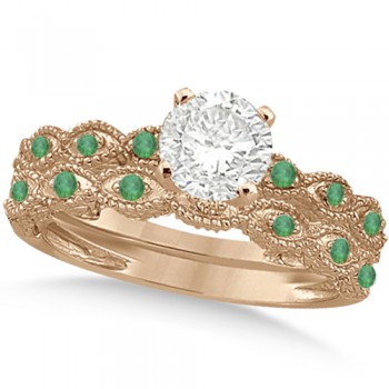 Vintage Diamond & Emerald Bridal Set 14k Rose Gold 0.70ct