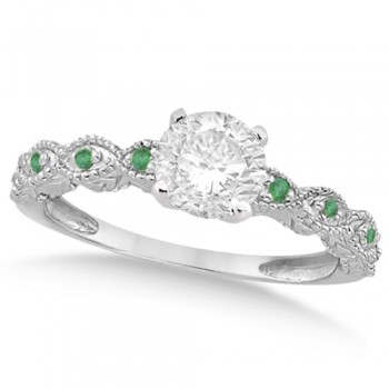 Vintage Diamond & Emerald Bridal Set 18k White Gold 0.70ct