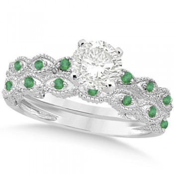 Vintage Lab Grown Diamond & Emerald Bridal Set 14k White Gold 0.70ct