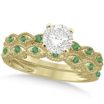 Vintage Lab Grown Diamond & Emerald Bridal Set 14k Yellow Gold 0.95ct