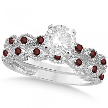 Vintage Diamond & Garnet Bridal Set 14k White Gold 0.70ct