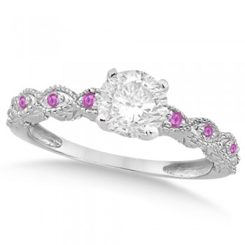 Vintage Diamond & Pink Sapphire Bridal Set 14k White Gold 0.95ct