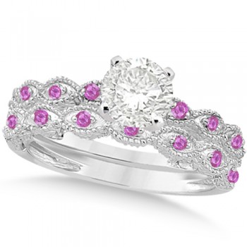 Vintage Lab Grown Diamond & Pink Sapphire Bridal Set 14k White Gold 1.20ct