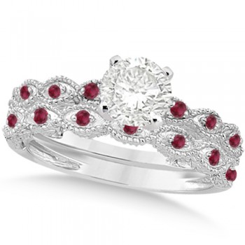 Vintage Lab Grown Diamond & Ruby Bridal Set 14k White Gold 0.70ct