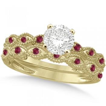 Vintage Lab Grown Diamond & Ruby Bridal Set 14k Yellow Gold 0.70ct