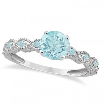 Vintage Aquamarine Engagement Ring Bridal Set 14k White Gold (1.36ct)