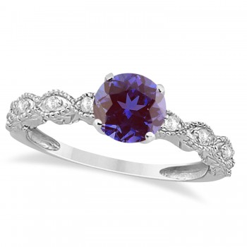Vintage Alexandrite & Diamond Engagement Ring Bridal Set 14k White Gold (1.36ct)