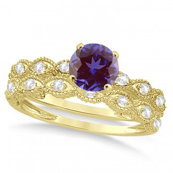 Vintage Alexandrite & Diamond Engagement Ring Bridal Set 14k Yellow Gold (1.36ct)