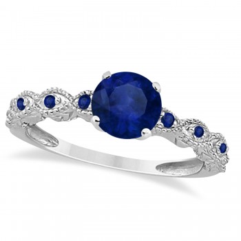 Vintage Style Blue Sapphire Engagement Ring in 14k White Gold (1.18ct)