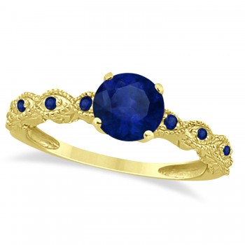 Vintage Blue Sapphire Engagement Ring Bridal Set 14k Yellow Gold 1.36ct