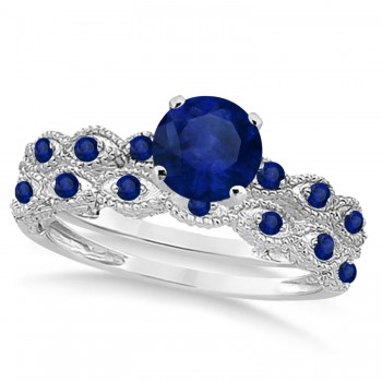 Vintage Blue Sapphire Engagement Ring Bridal Set Palladium 1.36ct