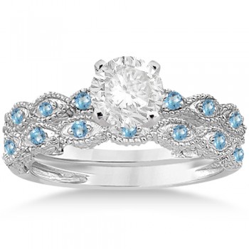 Antique Blue Topaz Bridal Set Marquise Shape 14K White Gold 0.36ct