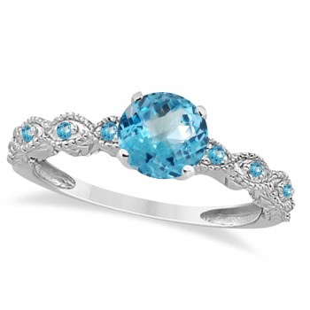 Vintage Blue Topaz Engagement Ring Bridal Set 18k White Gold 1.36ct