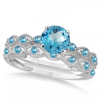 Vintage Blue Topaz Engagement Ring Bridal Set Palladium 1.36ct